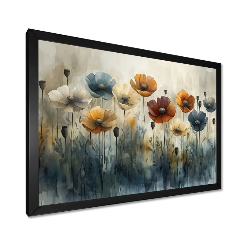 Hiver, minimalisme, coquelicots, champ I - coquelicots, art mural, H 12 po x l 20 po, Gold Picture Framed