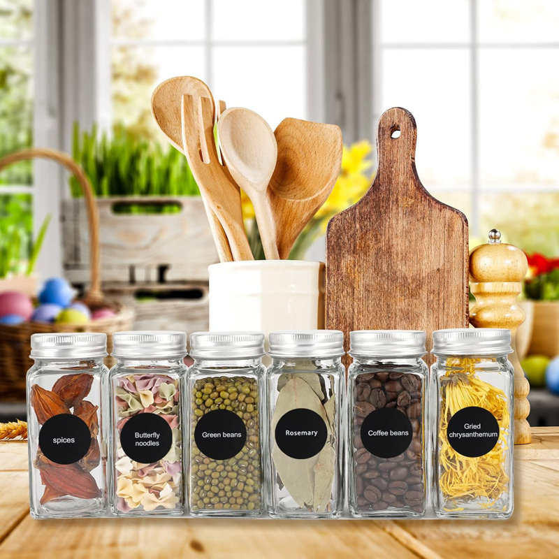 48 Pack Spice Jars With Labels, Glass Spice Jars With Lids And 400 Labels, 4Oz Square Seasoning Containers With Shaker Lids And Silicone Collapsible Funnel, Brush