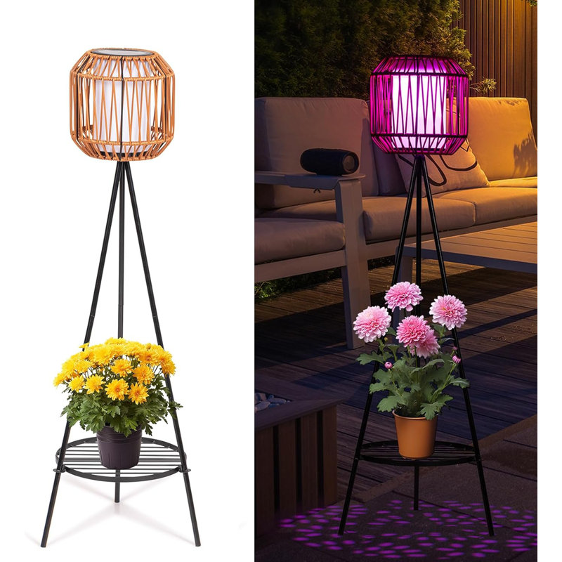 Solar Outdoor Rattan Lamps With 9 Color Options, Plant Stand, USB & Solar Powered For Patio Yard Path