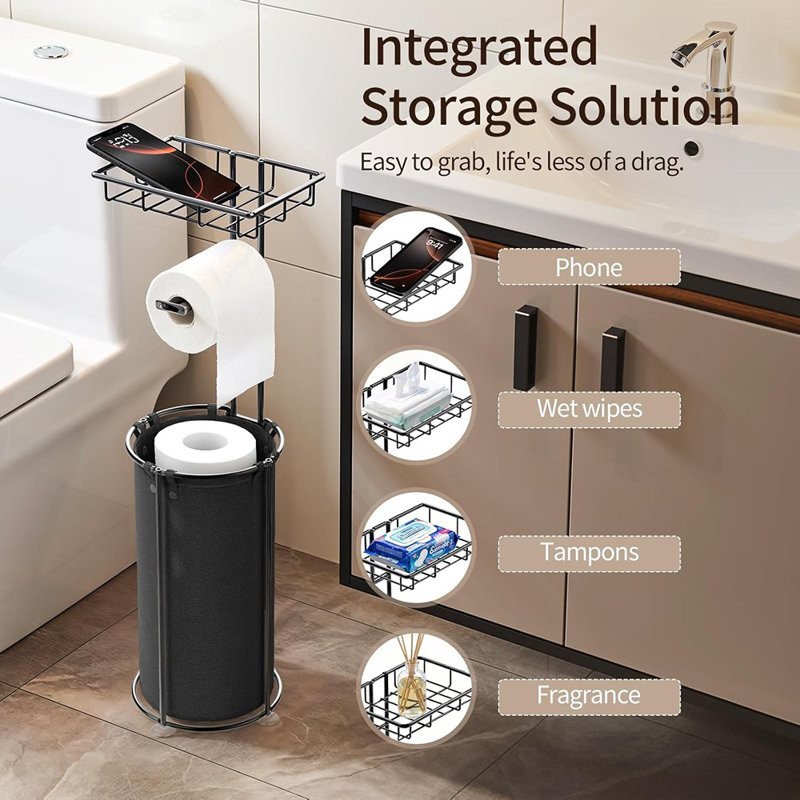 Porte-papier hygiénique sur pied avec tablette - Organisateur de salle de bain noir, sac de rangement pour 3 rouleaux de papier hygiénique