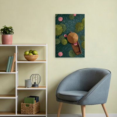 Tranquil Lotus Boat Peaceful Serene Traditional Lily Lotus Nature Wall Art Print 1 Piece Wrapped Canvas Wall Art