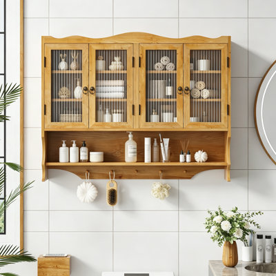 39.37"Retro 4 Door Wall-Mounted Cabinet, Featuring Two Layers Of Storage Space And An Open Hook Rack Space,Suitable For Bathrooms, Kitchens, Dining Rooms,Natural