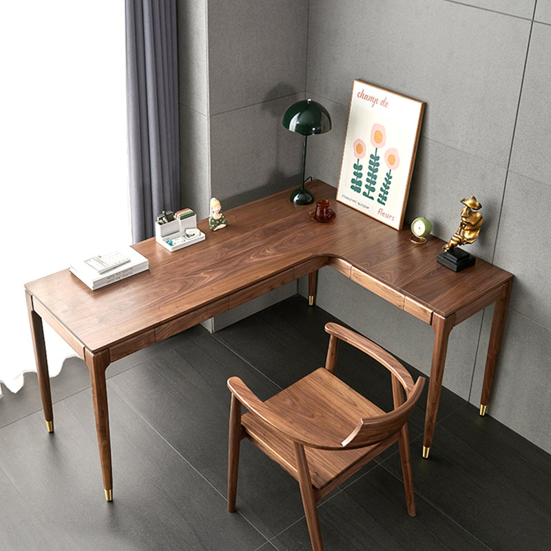 Nordic - style L - shaped Desk Made of Walnut, 29.53" H x 62.99" W x 47.24" D