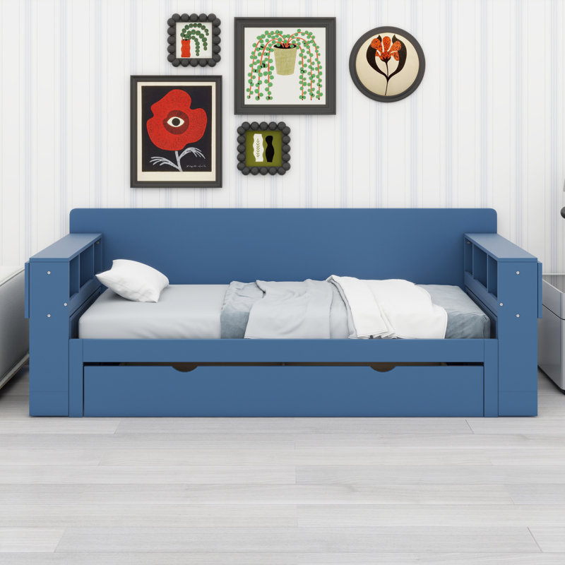 Lit de jour avec bureau amovible, tiroirs de rangement et table d'appoint hydraulique, Bleu, Grand lit