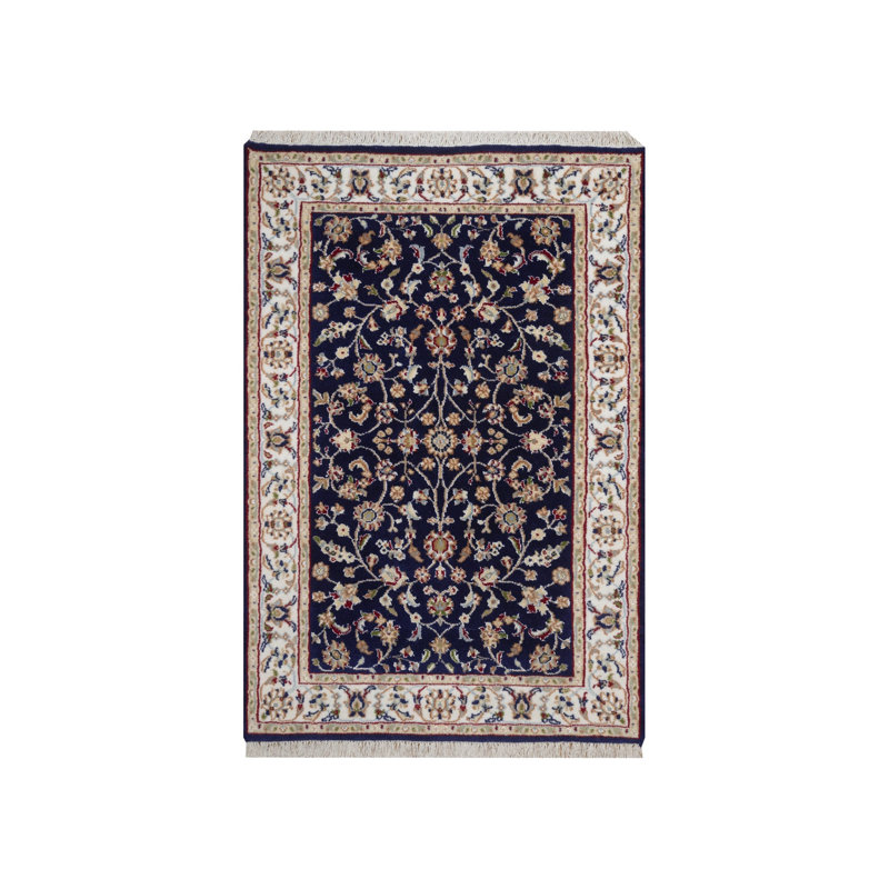 Tapis bleu minuit 2 pi 9 po x 4 pi 1 po Nain avec motif de fleurs partout, velours doux, laine et soie, 250 KPSI, noué à la main, échantillon, tapis, tapis oriental