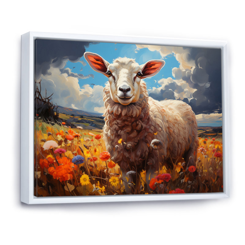 Sheep Vibrant Meadows - reproduction sur toile, H 12 po x l 20 po x P 1 po, Cadre flottant blanc