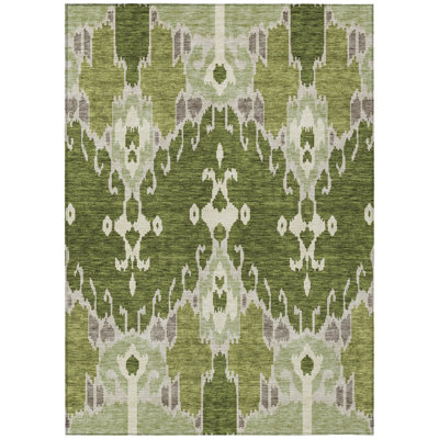 Tapis d'intérieur / extérieur lavable en ikat vert olive et artichaut 5 pi x 8 pi HomeRoots