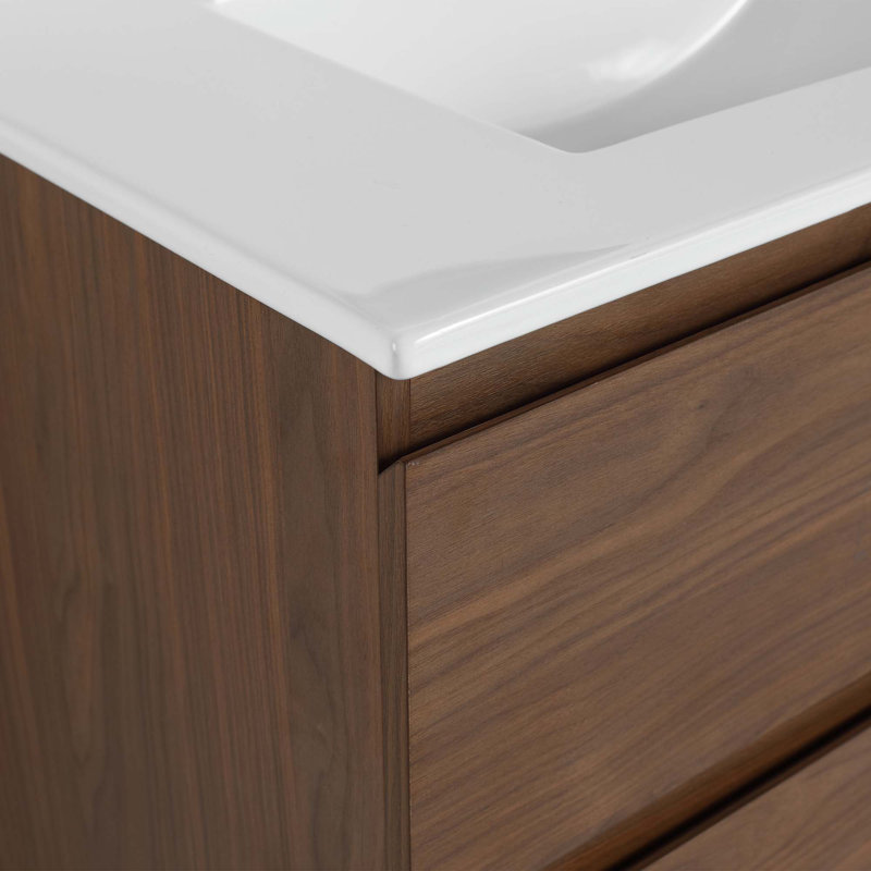 Wall-Mounted Bathroom Vanity With Ceramic Sink, 30", White, Brown