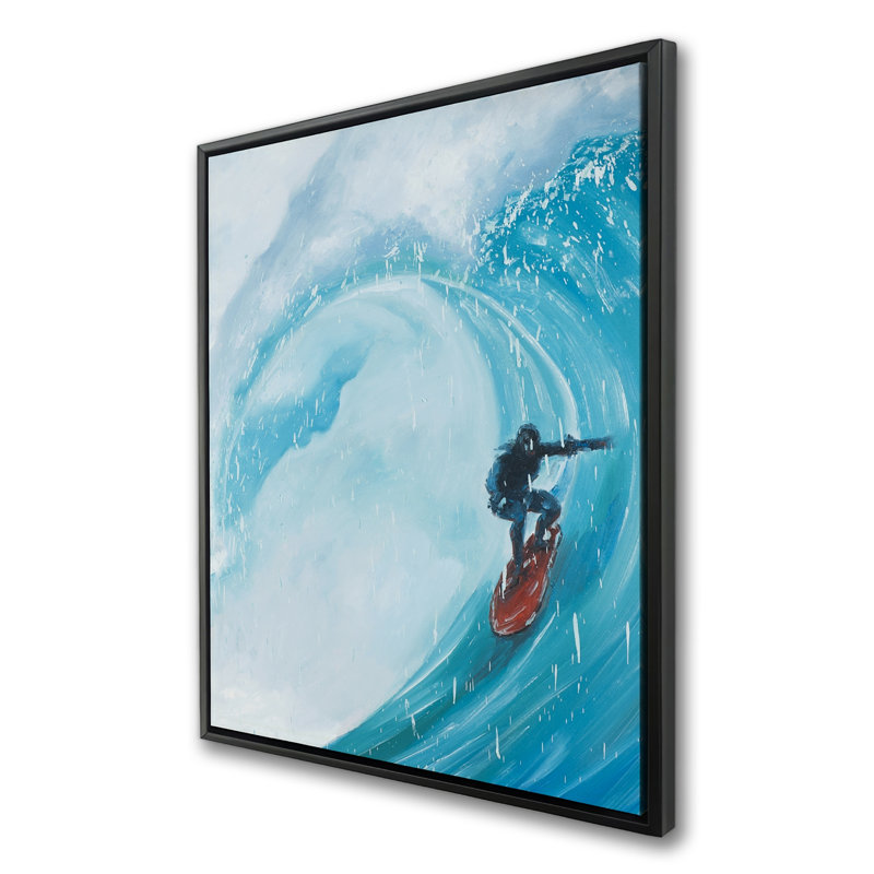 «Surfer on a Big Wave» - Toile encadrée turquoise
