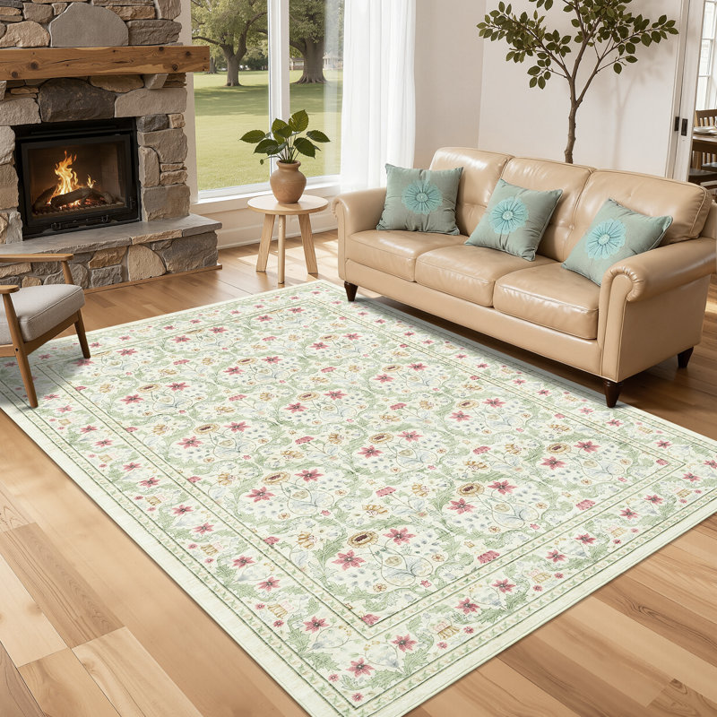 Floral Washable Living Room Rug Non Slip, Low Pile Foldable Printed Mat, Soft Non Shedding Floor Covering, Rectangle 8' x 10'