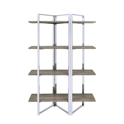 Bibliothèque moderne à 4 tablettes en bois naturel - Organisez vos fournitures d'artisanat. La fabrication de panneaux de particules en métal rehausse l'espace de vie grâce à son design attrayant et fonctionnel.