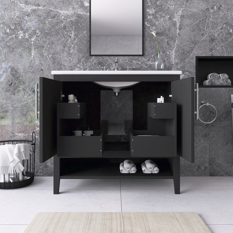Meuble-lavabo simple avec comptoir en céramique, Noir, 36"
