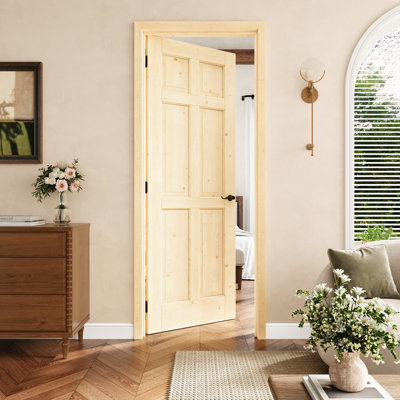 Porte pré-suspendue intérieure en bois de pin à 6 panneaux 28 po x 80 po avec charnières noires, porte en bois de pin naturel, porte intérieure comme garde-manger, porte de chambre à coucher, porte de buanderie, portes de placard, portes de pièce, main gauche