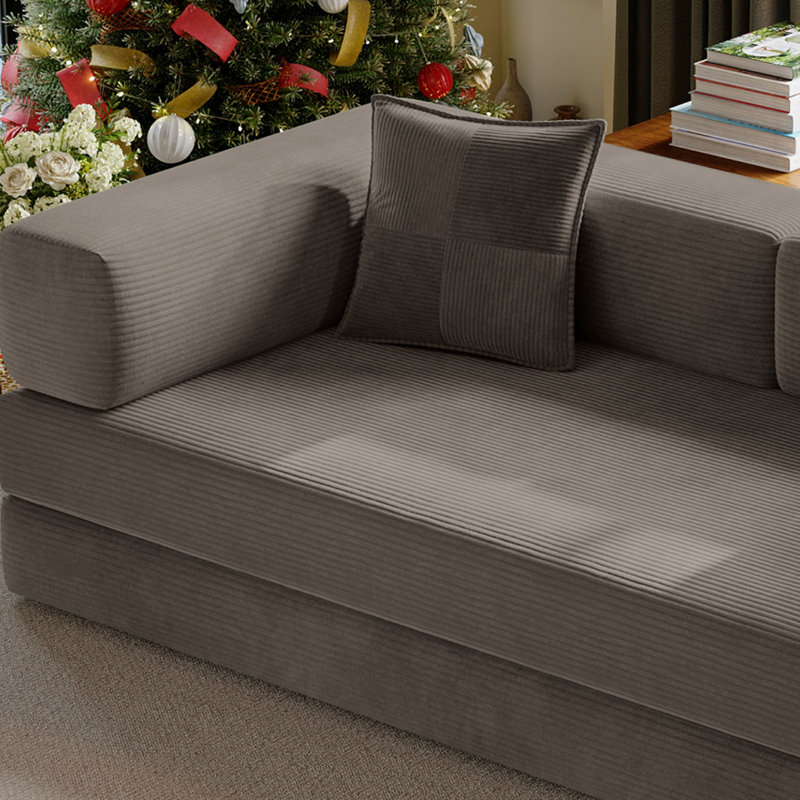 Canapé-lit rembourré 78,8 po en velours côtelé avec accoudoirs et coussin, Brun