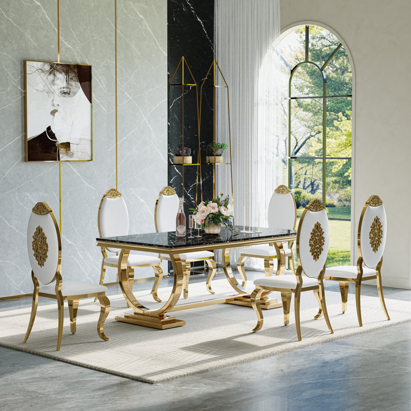  7 - Piece Dining Set, 7 Pieces: Table, 6 Chairs, Black/White/Gold