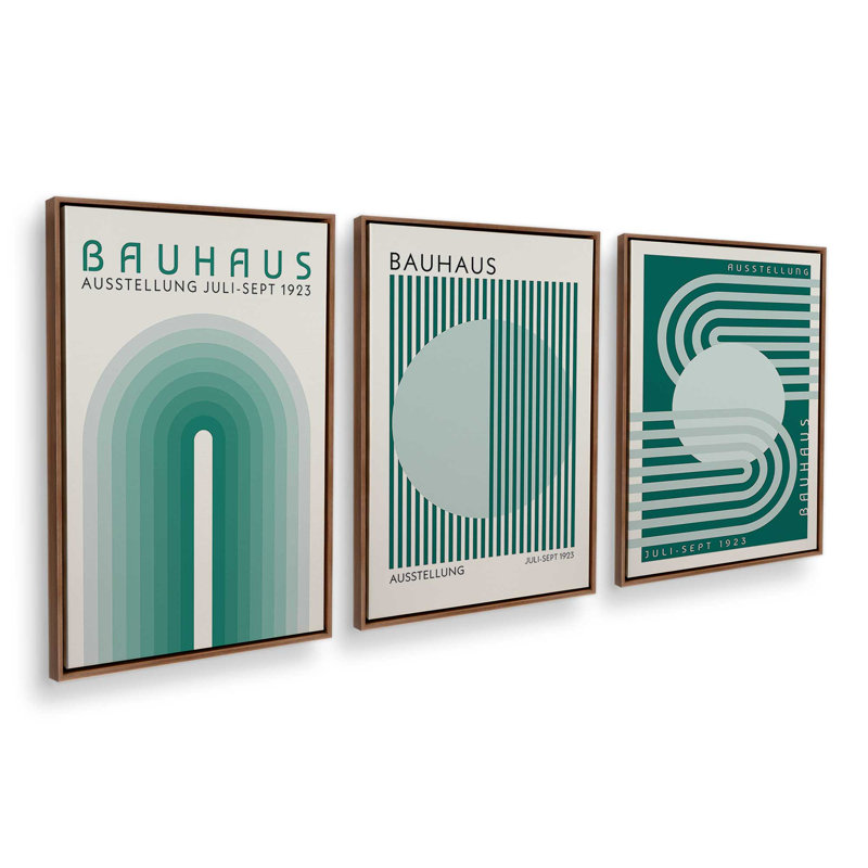Green Bauhaus Trio, ensemble de 3 impressions, 18" x 12", Framed Canvas, Walnut