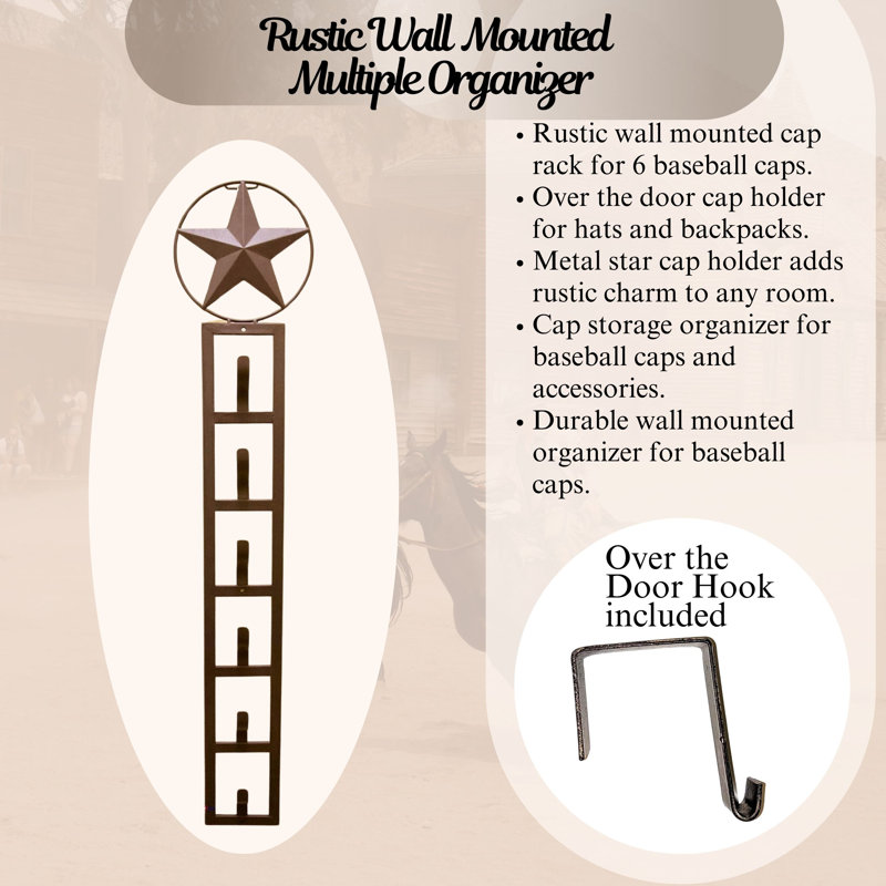 Metal Wall-Mounted Hat Rack 6 Hook Western Star Rustic Farmhouse Decor