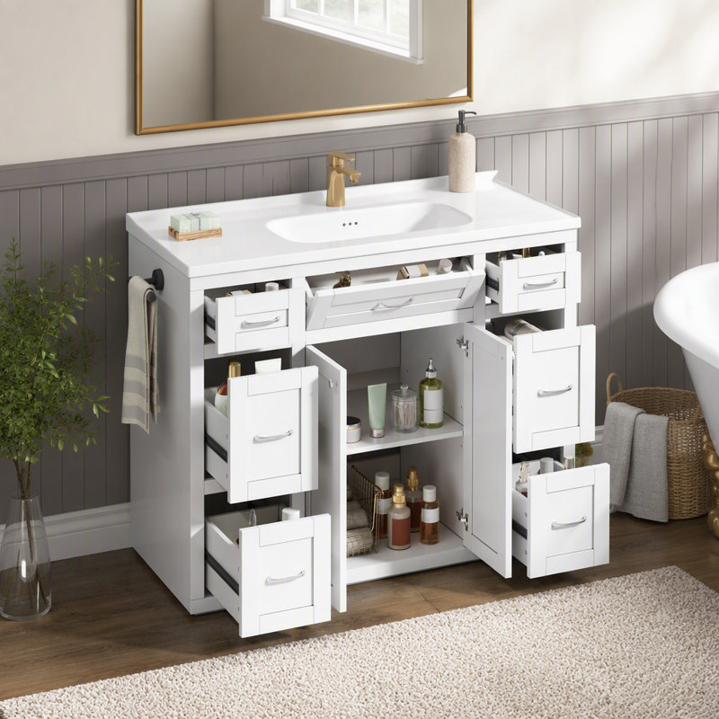 Meuble-lavabo de salle de bain de 122 cm avec lavabo en céramique, White