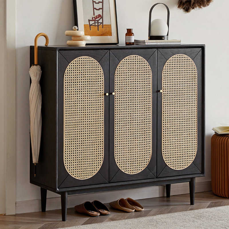 Noir / bois massif jaune pâle + rangement pour chaussures en rotin