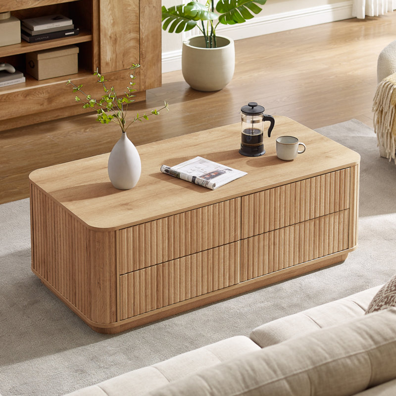 Table basse cannelée de 52 po avec 4 tiroirs, Chêne naturel