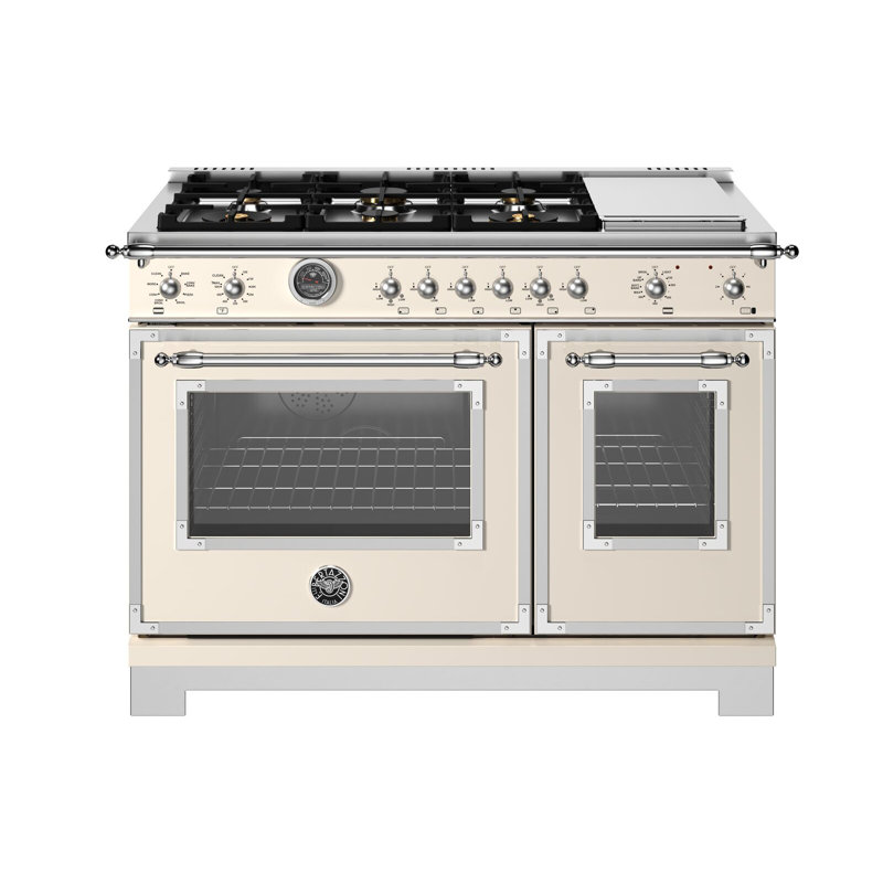 Heritage Series Dual-Fuel Range 48" - 6 Brass Burners + Electric Griddle- Self-clean Oven - Ivory Gloss Finish, Ivory