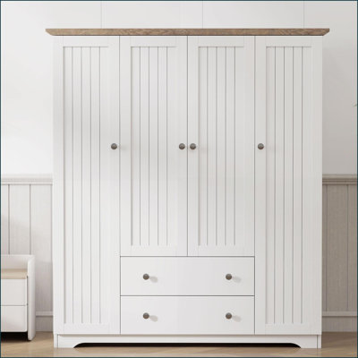 Commodes et amp; Garde-robes | Armoire classique 4 portes avec 2 tiroirs, blanc | Bois de pin et panneau de fibres à densité moyenne