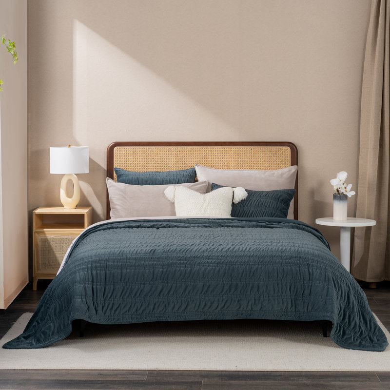 Ruched Crystal Velvet Comforter Set - Luxury Plush Bedding with 2 Shams, Queen Quilt + 2 Queen Pillow Shams, Stormy Blue