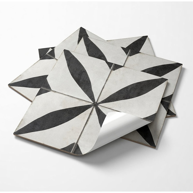 8" x 8" Vintage Black & White Floral Starburst Geometric Vinyl Peel and Stick Mosaic Tile