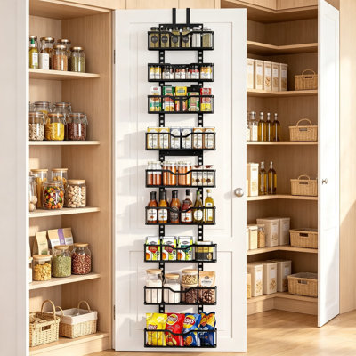 Over the Door Pantry Organizer, Heavy Duty Door Storage Rack with Solid Bottom Baskets, Stable No-Bumping Design, Adjustable Hanging Shelves for Kitchen Pantry