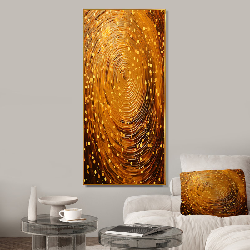 «Midnight Marigold Siral I - Abstract Collages», art mural, Cadre flottant doré, H 60 po x l 28 po x P 1,5 po