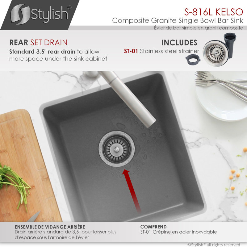 Pietra STYLISH 16 inch Dual Mount Single Bowl Composite Granite Kitchen Sink with Strainer, Gray