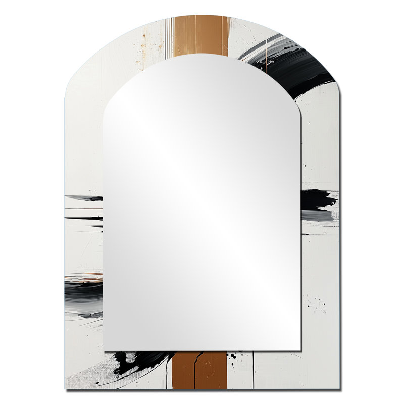 Noir blanc et encre dorée Expression IV - miroir à arche de formes abstraites, miroir mural noir asymétrique unique, impression d'art en métal