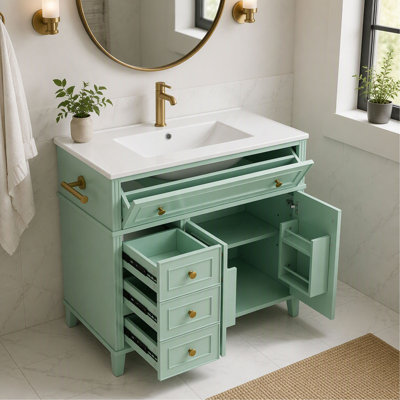 Meuble-lavabo de salle de bain 36 po avec lavabo, armoire autoportante avec rangement inclinable, 3 tiroirs latéraux, tablette réglable, barre à serviettes réversible, quincaillerie or mat