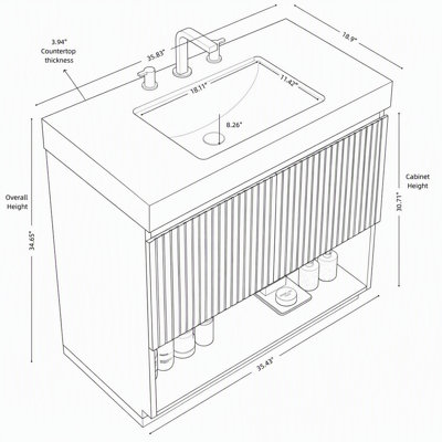 Meuble-lavabo autoportant de 76 cm (30 pouces) avec dessus en pierre frittée couleur crème veinée or, lavabo en céramique et trois trous prépercés pour robinetterie.