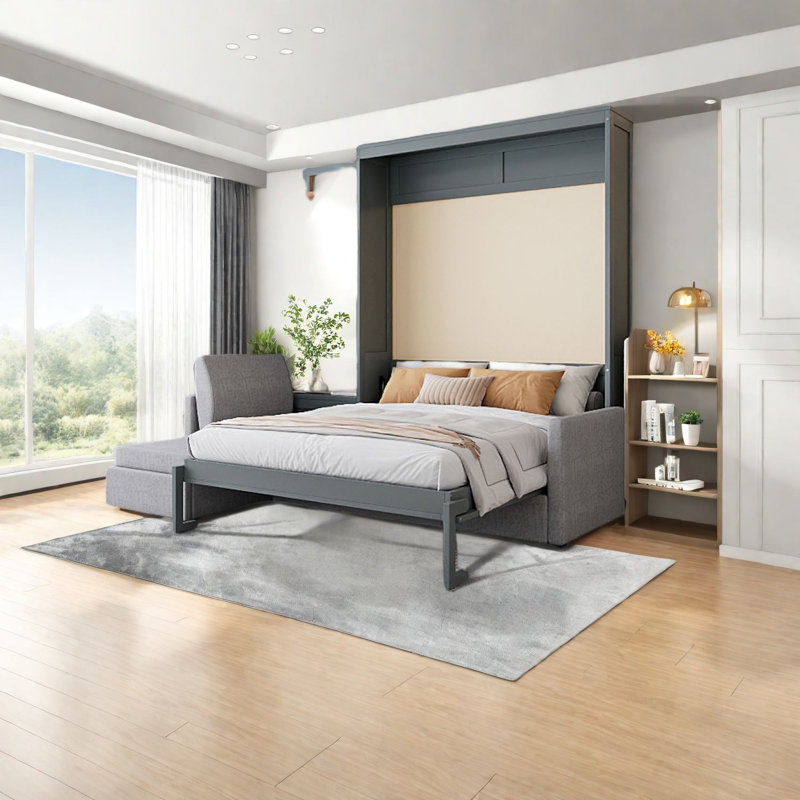 Grand lit escamotable multifonctionnel, fabrication en MDF, design gris moderne pour les petits espaces