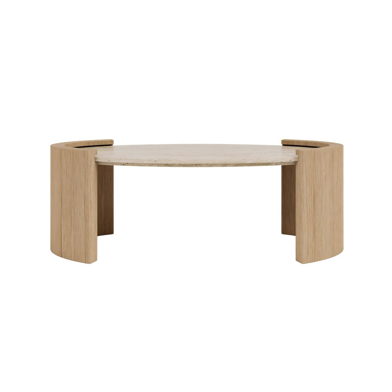Table basse ovale en travertin de 43 po avec plateau en pierre de travertin de style japonais 43 po avec surface en pierre beige naturelle et base en bois d'ingénierie pour le salon et la salle de séjour