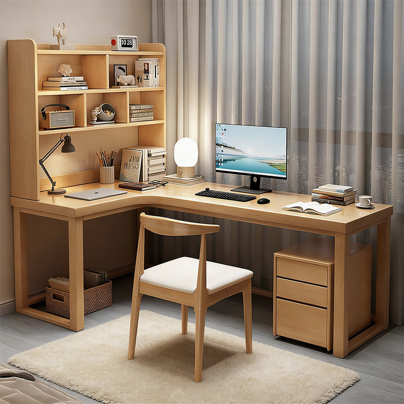 Bureau d'angle en L en bois massif avec bibliothèque intégrée, H 74,8 po x l 70,87 po x P 55,12 po, Retour à gauche