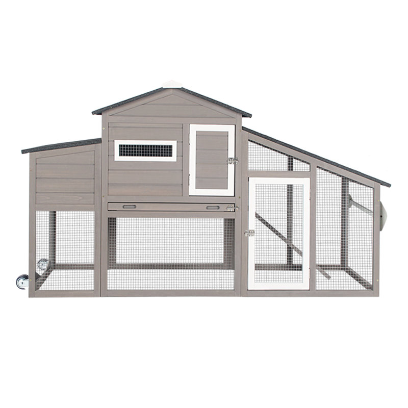 Mobile Wooden Chicken Coop with Wheels and Handle, Chicken Tractor with Outdoor Run, Pull-Out Tray & Weatherproof Asphalt Roof, Grey