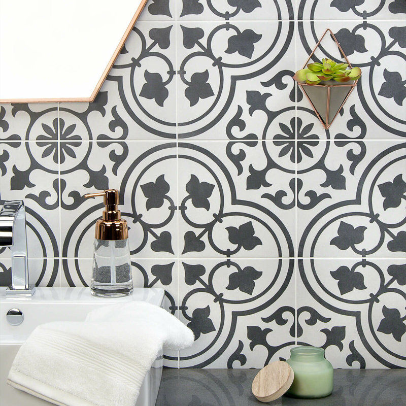 Cascais 9x9 Matte Porcelain Tile, White Ornate
