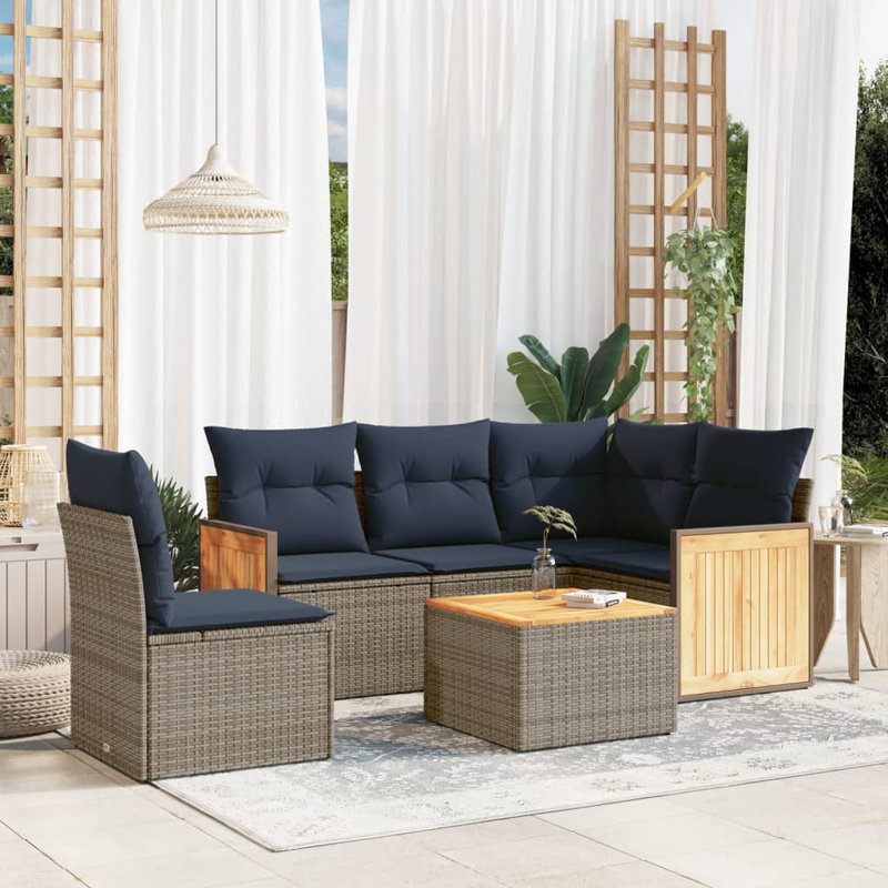  Ensemble de canapé de patio 6 pièces avec coussins en rotin de polyester gris