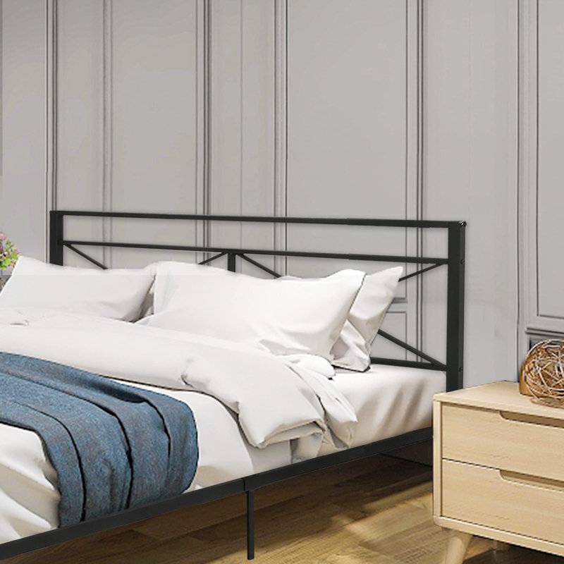 Queen Black Metal Frame Bed with Upholstered Headboard