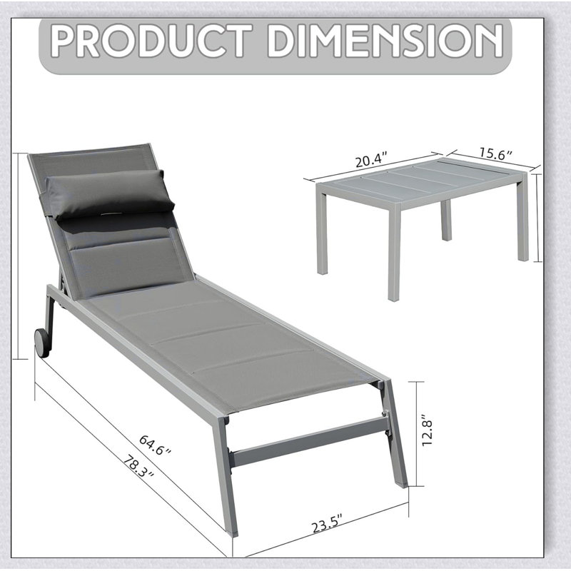 Ensemble de 3 chaises longues d'extérieur en aluminium avec table d'appoint et roulettes, Gris foncé