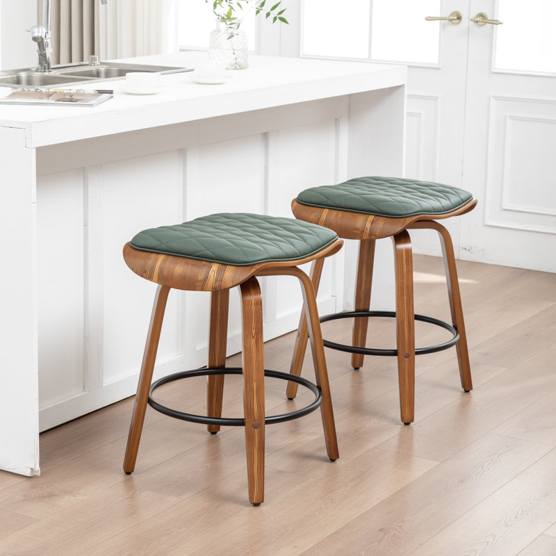 Federica Modern Upholstered Faux Leather 360° Swivel Stools with Curved Wood Legs, Green