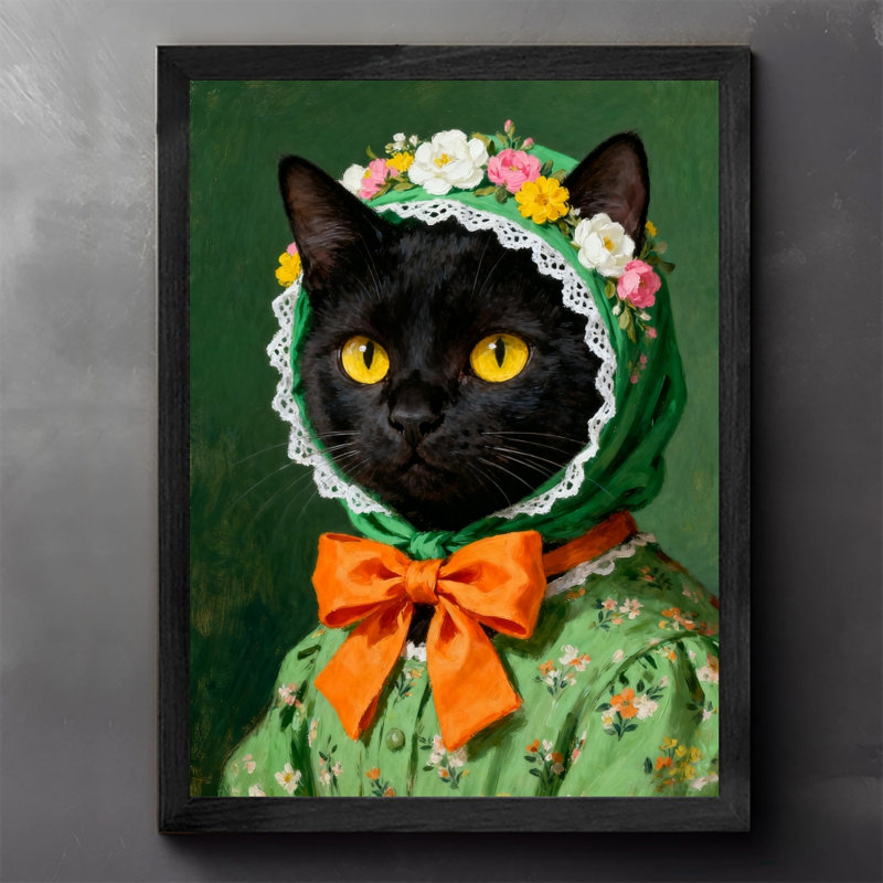 Chat noir rétro encadré noir avec bonnet floral et robe murale, impressions rétro de la faune de style rétro