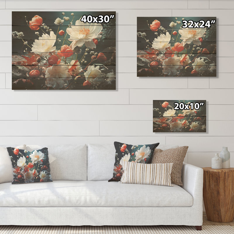 Enchantement de fleur blanche - Art mural en bois sur bois de pin naturel, H 30 po x l 40 po