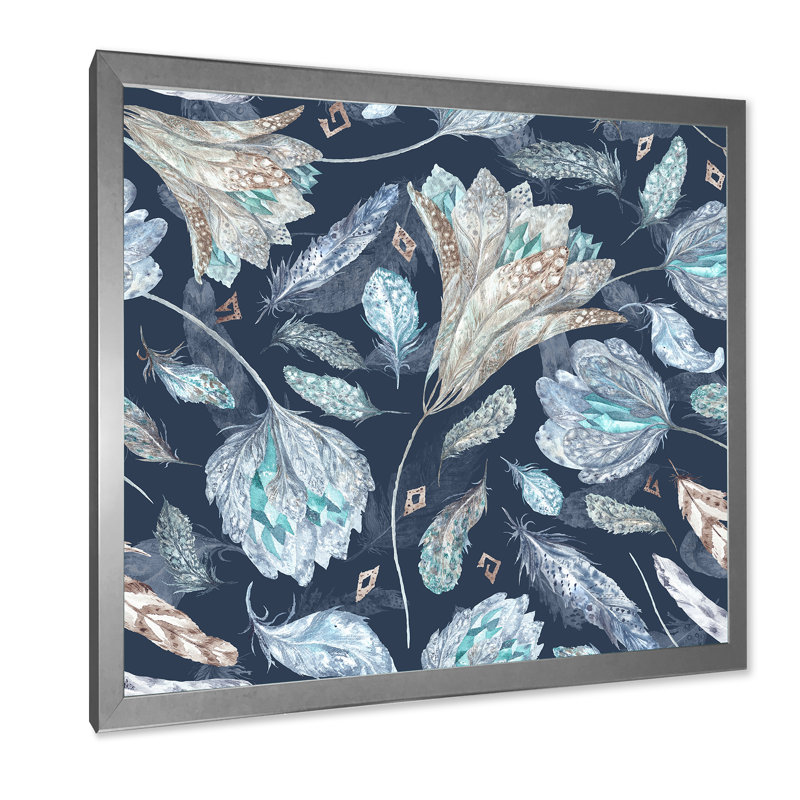 Motif botanique bleu marine - Peinture sur toile encadrée, Encadrement argenté, H 30 po x l 30 po x P 1 po