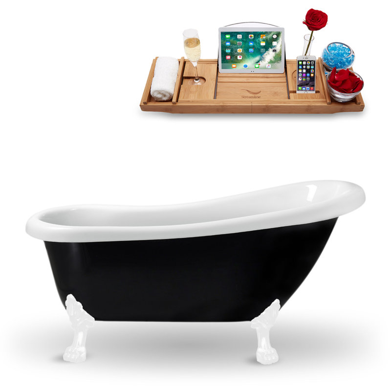 61" Streamline Clawfoot Soaking Acrylic Bathtub With Drain, Clawfeet, and Bamboo Tray, Polished Chrome, Glossy White