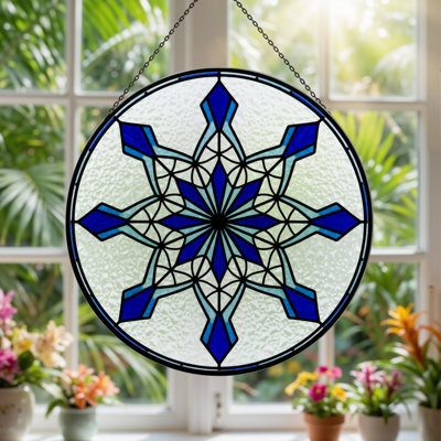 7.8"H Snowflake Pattern Stained Glass Window Panel