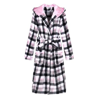 Gracie Oaks Women's Hooded Plaid Robe Plush Soft Fuzzy Warm Lightweight Fleece Elegant Lounger Shawl Collar Style Checkered Bathrobe Housecoat Spa Sle -  8D59AF6036234F72A4AC2B0AEC765983