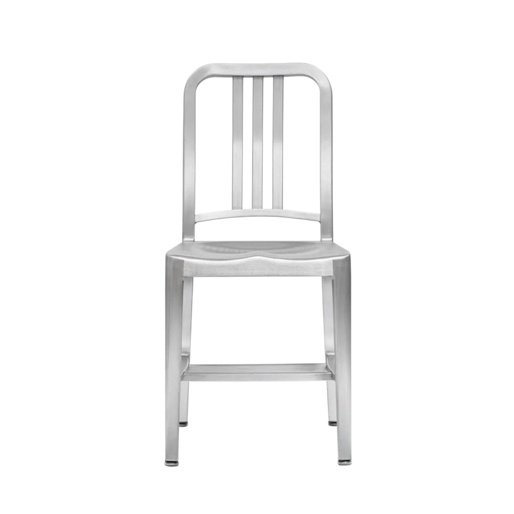 Brushed aluminum navy-style chair with a vertical slat back and contoured seat.